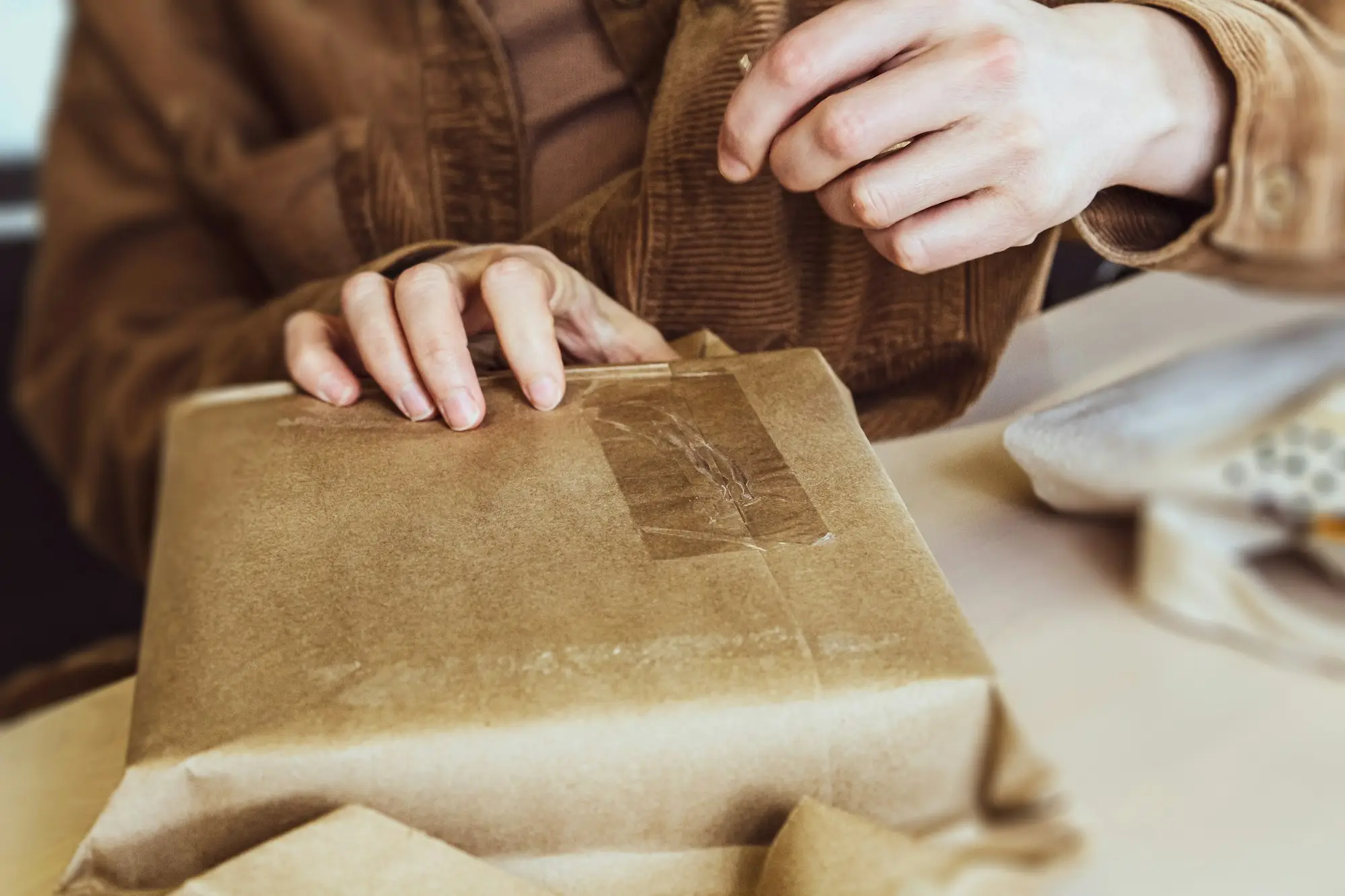 Hands wrapping a parcel in brown paper for an online order
